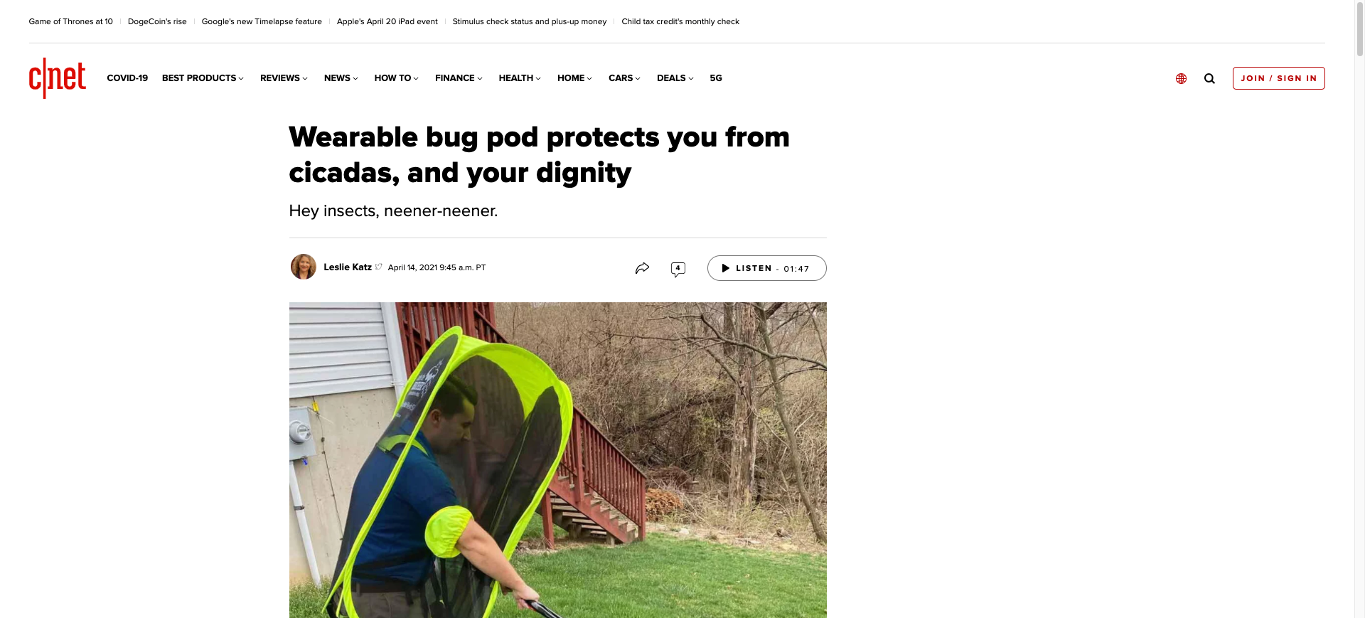 CNET: Wearable bug pod protects you from cicadas, and your dignity