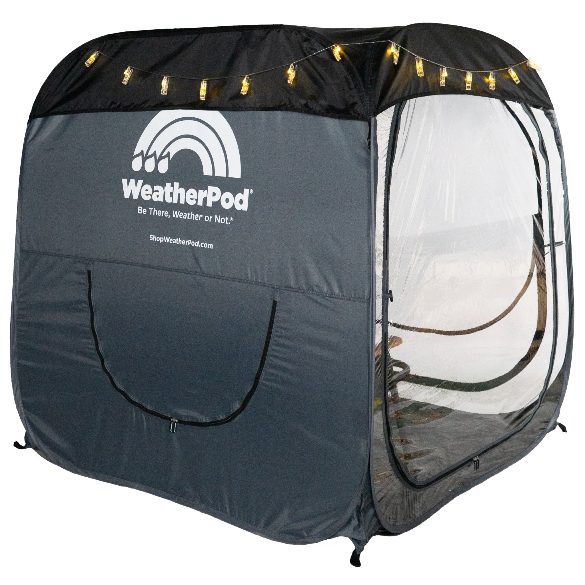 A WeatherPod pop-up tent pod in dark gray with a black detachable roof, featuring a clear PVC, string lights along the top, and the WeatherPod logo printed on the back.