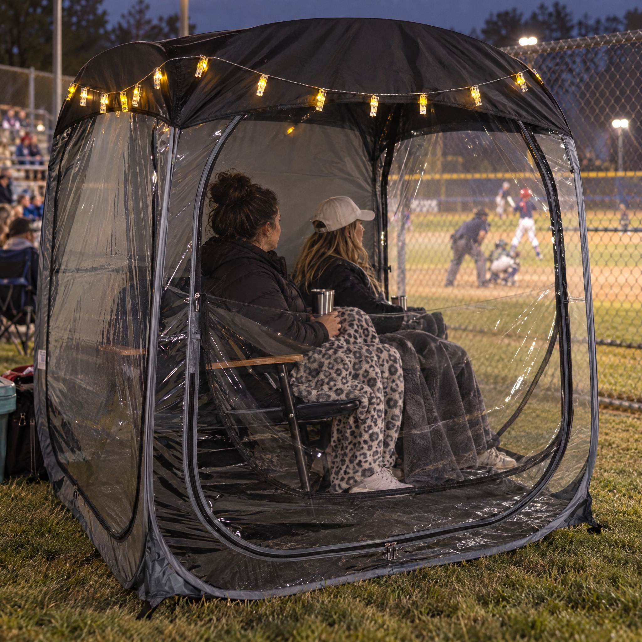 A WeatherPod pop-up tent pod in dark gray with a black detachable roof, featuring clear PVC, string lights along the top. Two women are sitting in chairs in the pod with blankets on their legs watching a baseball game at night.