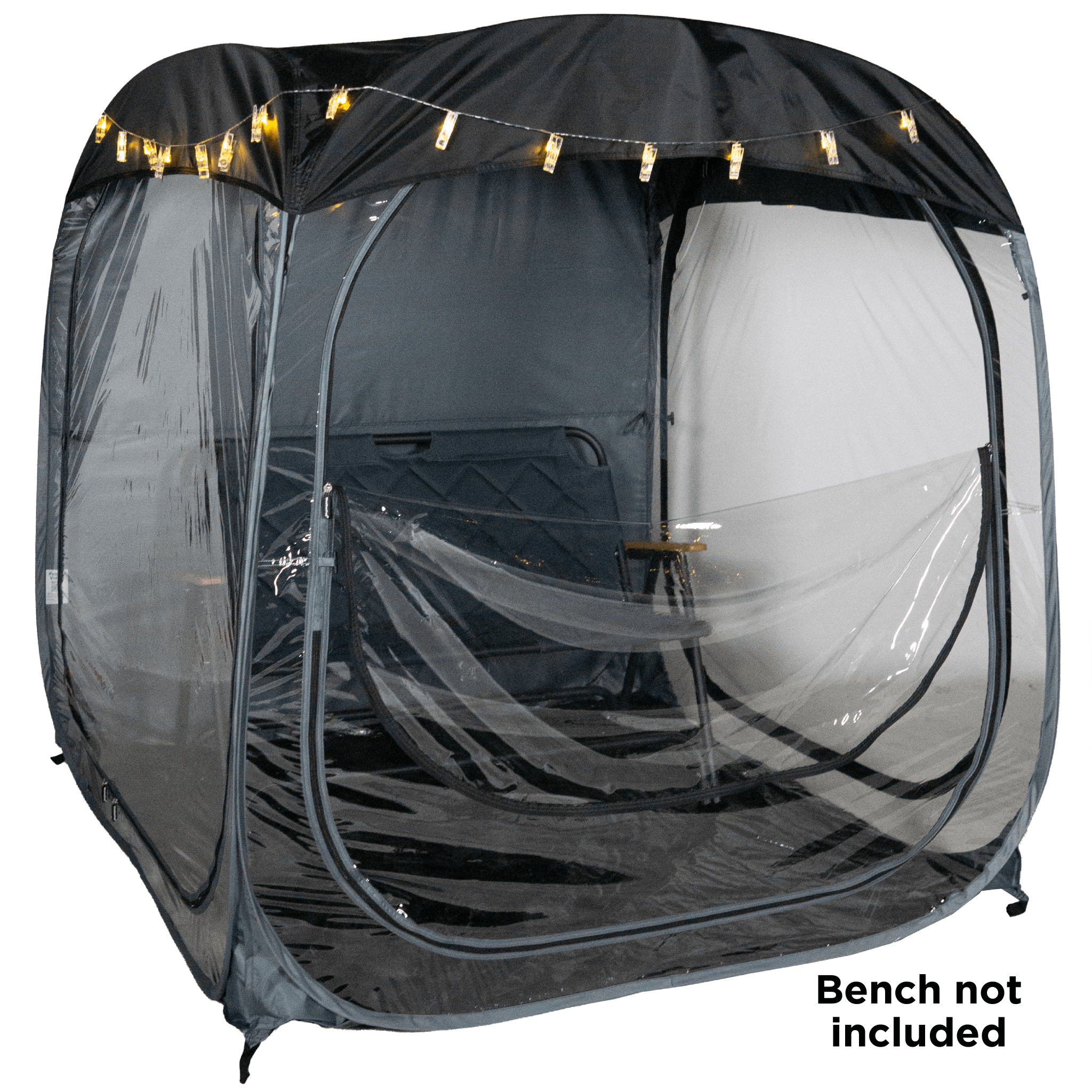 A WeatherPod pop-up tent pod in dark gray with a black detachable roof, featuring clear PVC, string lights along the top, and the WeatherPod logo printed on the back. on a white background with a text overlay that says 'Bench not included'.