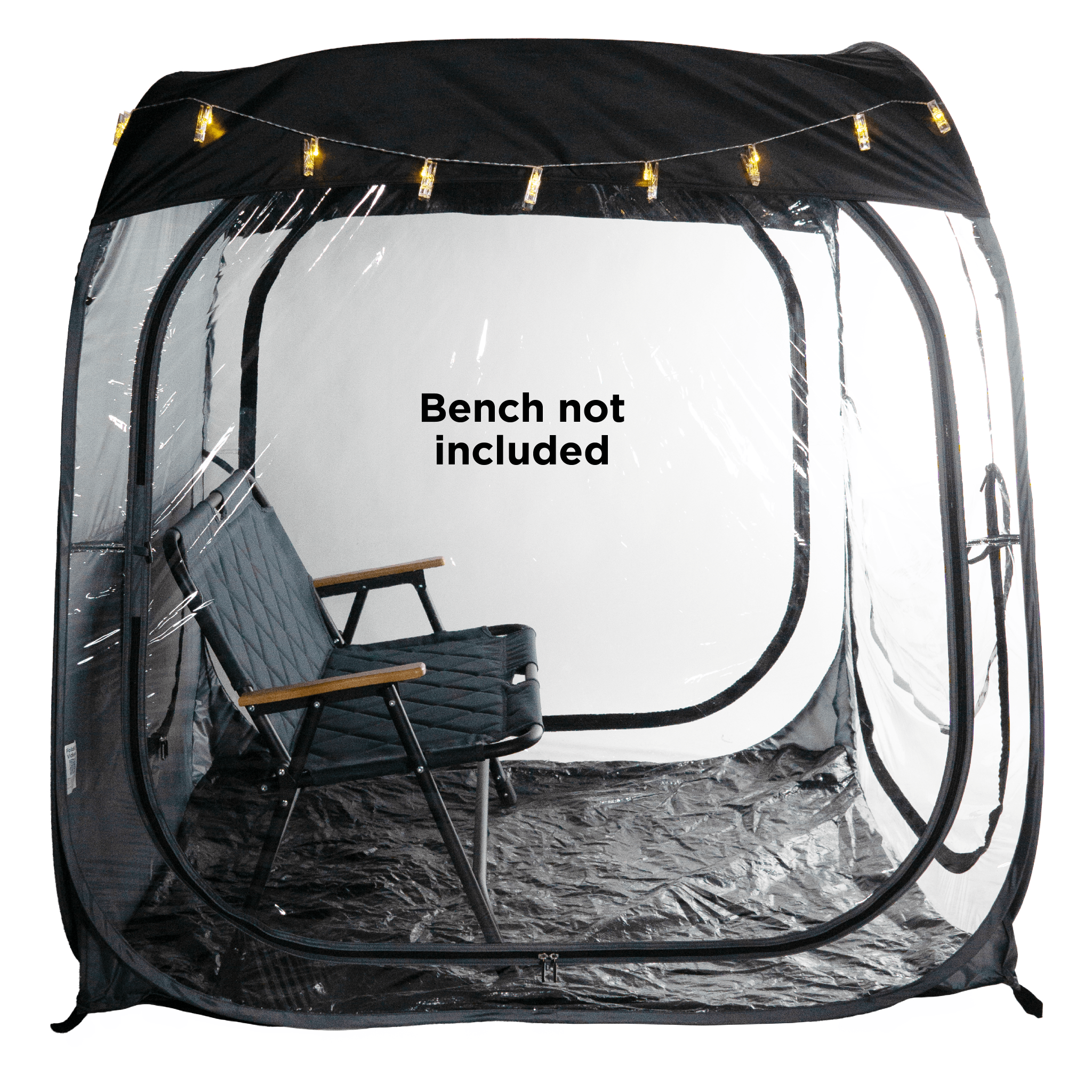 A WeatherPod pop-up tent pod in dark gray with a black detachable roof, featuring clear PVC, string lights along the top, and the WeatherPod logo printed on the back. on a white background with a text overlay that says 'Bench not included'.