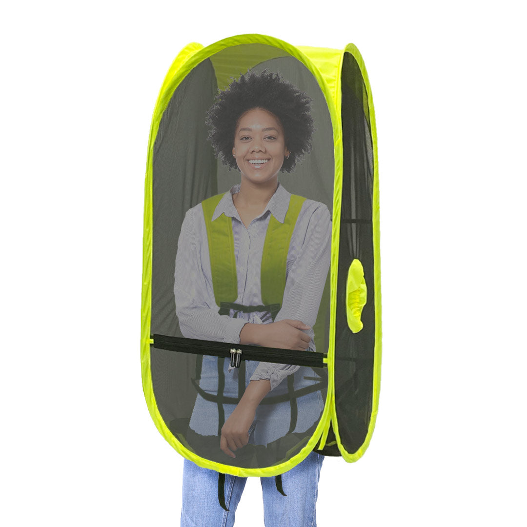 WalkingPod Mesh - Short - Safety Yellow - Under the Weather® - Personal pop-up wearable Pod tent - Perfect for insect and sun protection - protects against cicadas, nostrums, mosquitos - ideal for landscapers, gardeners, outdoor workers - As Seen on Shark Tank