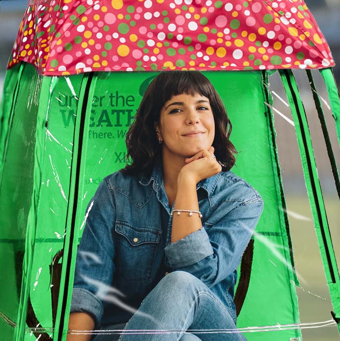 Polka-Dot Swirl Roof Cover for 1-Person Pop-Up Tents on top of Lime Green OriginalPod XL with woman sitting inside Pod - MyPod - Under the Weather® - Personal pop-up sports tent for mom, dad, kids, parents - Perfect for soccer, baseball, softball, football, youth team sports - As Seen on Shark Tank