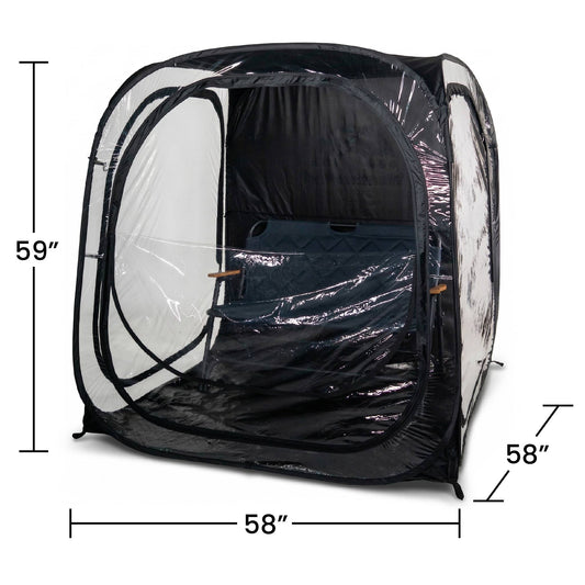 MegaPod Plus pop-up tent with a bench inside showing dimensions indicating 59 inches tall by 58 inches wide on each side.