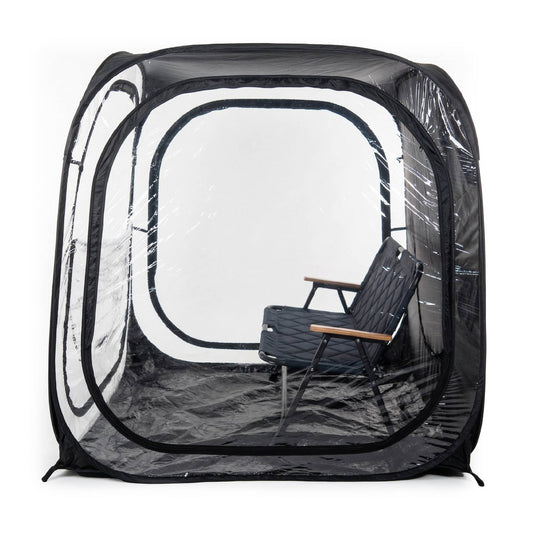 MegaPod Plus portable pop-up tent side view with a bench inside on a white background.
