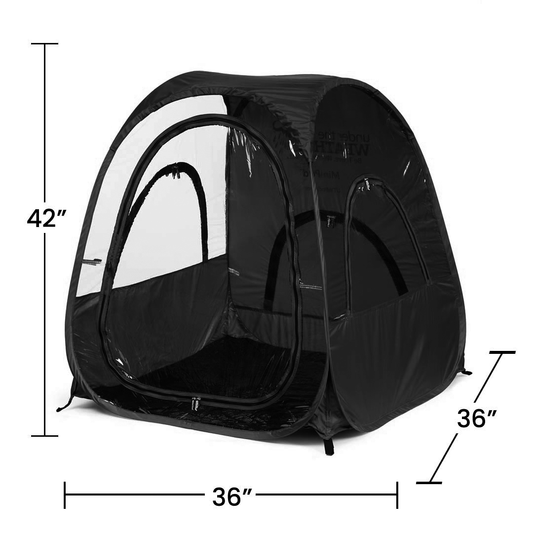 Black pop-up canopy tent with transparent plastic windows, shown with dimension lines indicating 42 inches height and 36 inches width and depth on a white background.