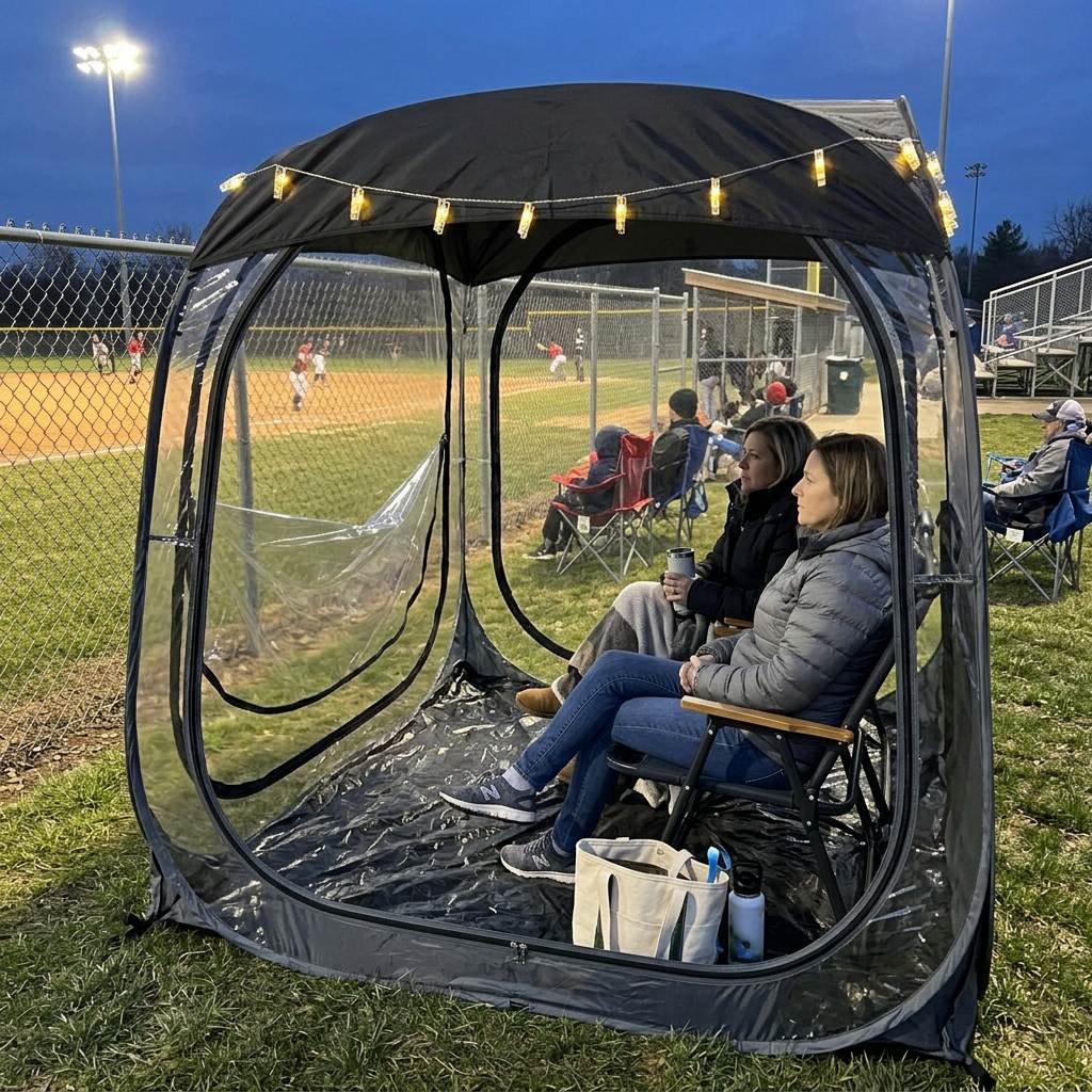 A WeatherPod pop-up tent pod in dark gray with a black detachable roof, featuring clear PVC, string lights along the top. Two women are sitting in chairs in the pod with watching a baseball game at dusk.