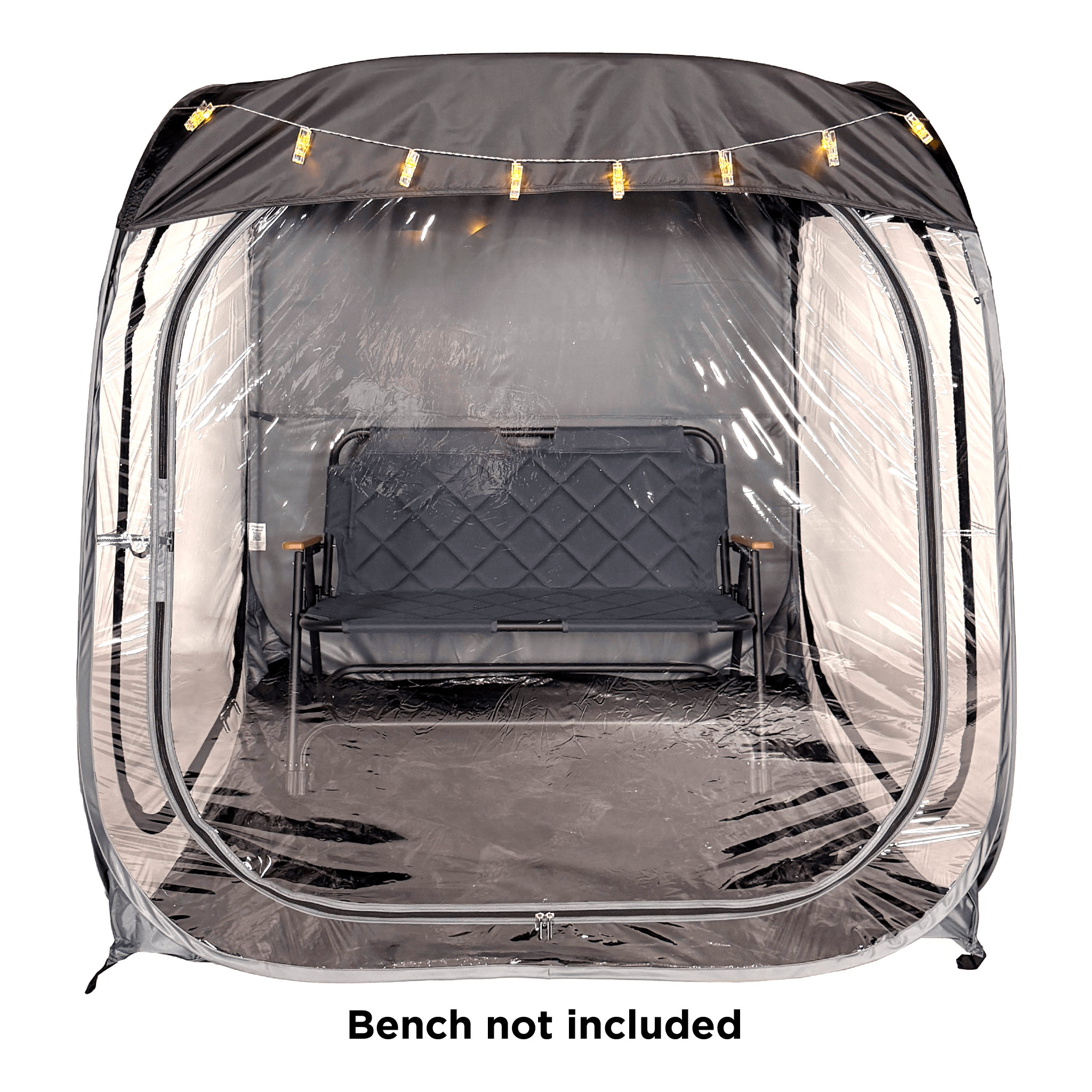A WeatherPod pop-up tent pod in dark gray with a black detachable roof, featuring clear PVC, string lights along the top, and the WeatherPod logo printed on the back. on a white background with a text overlay that says 'Bench not included'.