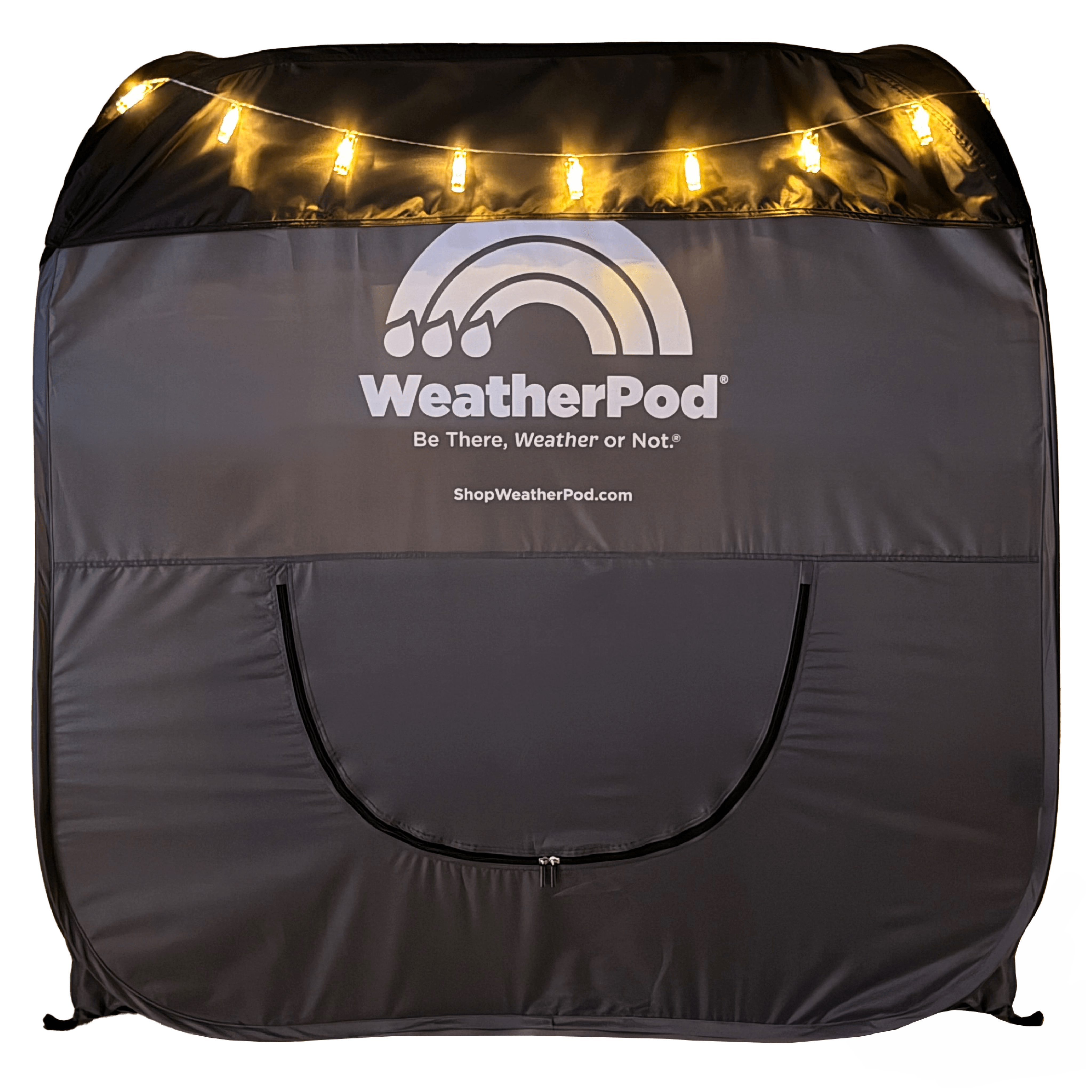 A WeatherPod pop-up tent pod in dark gray with a black detachable roof, featuring clear PVC, string lights along the top, and the WeatherPod logo printed on the back.