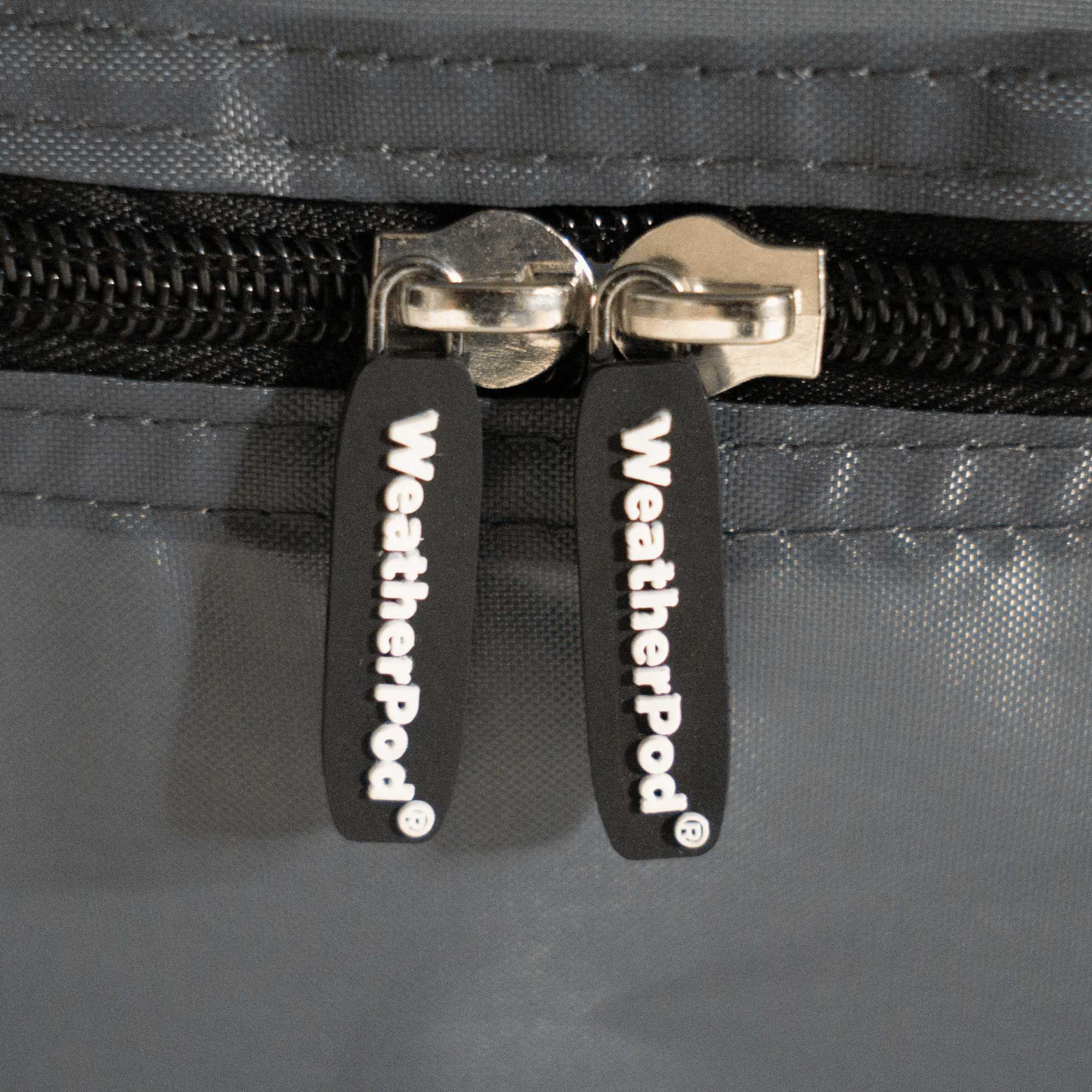 Close-up of zippers on the MegaPod grey.